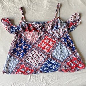 Forever 21 Patchwork Cami Tank Top Ruffle Boho Peasant Cold Shoulder Size M